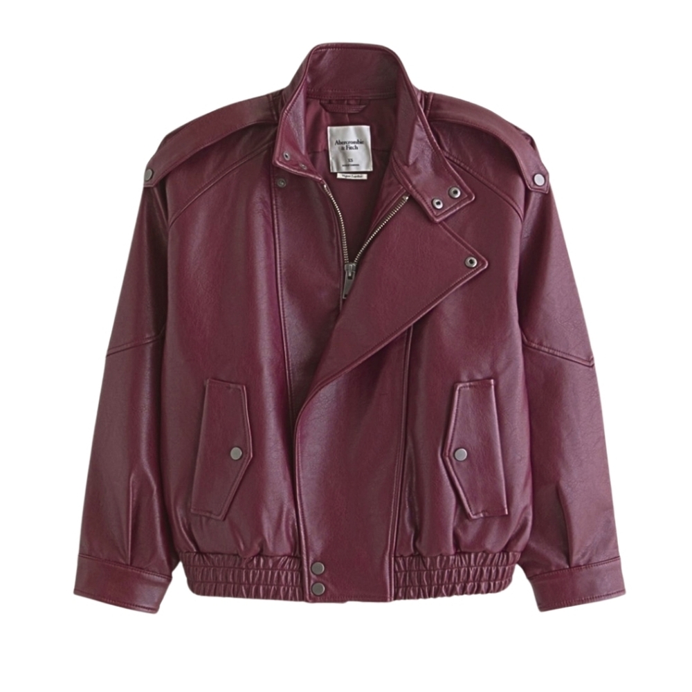 Abercrombie Burgundy Relaxed Mockneck Vegan Leather Bomber Jacket